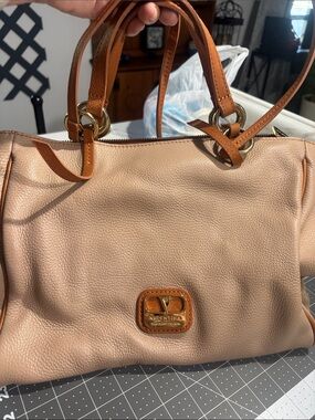 Valentina Beige Leather Shoulder Bag with Tan Handles